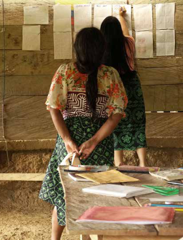 mujeres gunas de la comunidad hacen sus disen1os de molas